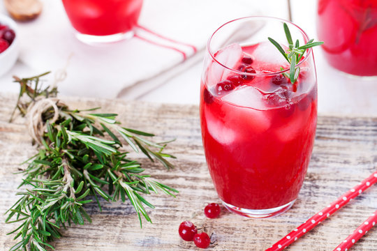 Cranberry And Rosemary Lemonade, Cocktail, Fizz On A Wooden Background