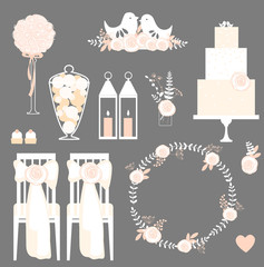 Vector set of decorative wedding elements. Chairs, cake, lanterns, birds, flowers. Vector illustration.
