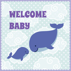 Baby shower invitation card with cute cartoon whales.