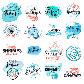 Set of hand drawn watercolor signs of seafood. Vector illustrations for graphic and web design, for restaurant, menu, market.