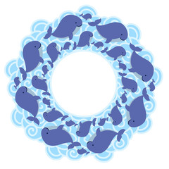 Obraz premium Card template with cute cartoon whale shoal in waves.
