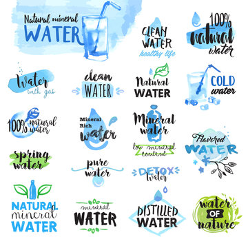 Set of hand drawn watercolor labels and badges of water. Vector illustrations for graphic and web design.