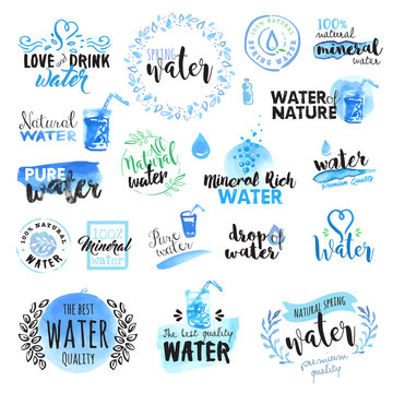Set of hand drawn watercolor signs and elements of water. Vector illustrations for graphic and web design.