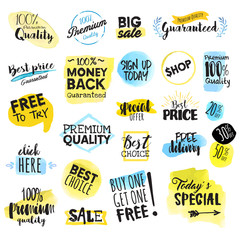 Set of hand drawn watercolor stickers and signs for sale. Vector illustrations for graphic and web design, for shopping, e-commerce, sale and discount, product promotion, web banner and badges.
