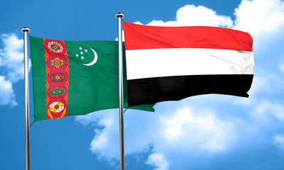 Turkmenistan flag with Yemen flag, 3D rendering