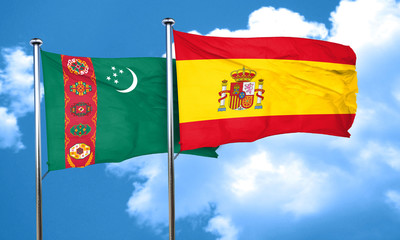 Turkmenistan flag with Spain flag, 3D rendering