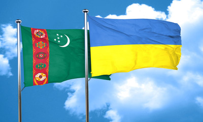 Turkmenistan flag with Ukraine flag, 3D rendering