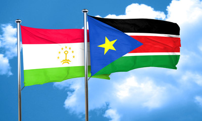 Tajikistan flag with South Sudan flag, 3D rendering