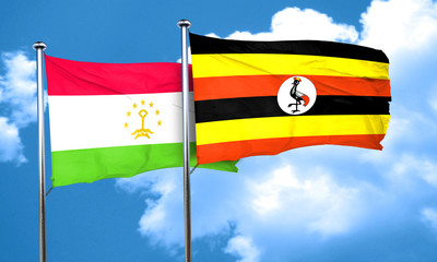 Tajikistan flag with Uganda flag, 3D rendering