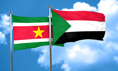 Suriname flag with Sudan flag, 3D rendering