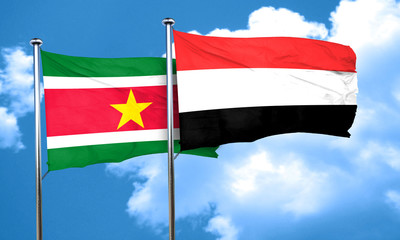 Suriname flag with Yemen flag, 3D rendering