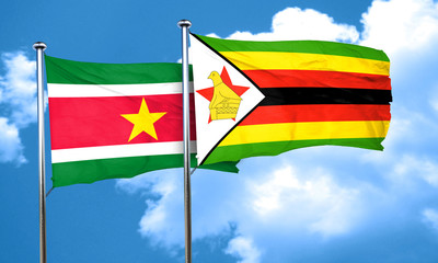 Suriname flag with Zimbabwe flag, 3D rendering