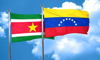 Suriname flag with Venezuela flag, 3D rendering