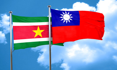 Suriname flag with Taiwan flag, 3D rendering