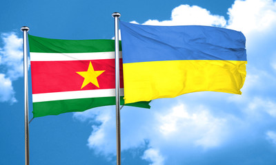Suriname flag with Ukraine flag, 3D rendering
