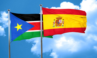 south sudan flag with Spain flag, 3D rendering