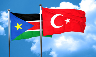 south sudan flag with Turkey flag, 3D rendering