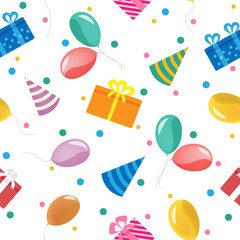 Happy Birthday Seamless Pattern with Gift Boxes and Balloons. Vector Background