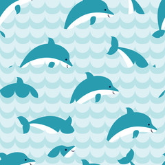 Naklejka premium Seamless pattern with flock of dolphins.