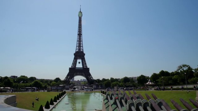FRANCE, PARIS - JUNE 8, 2015: Fountain in Trocadero with Eiffel Tower 