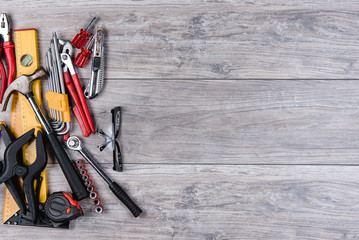 Construction hand tools flat lay