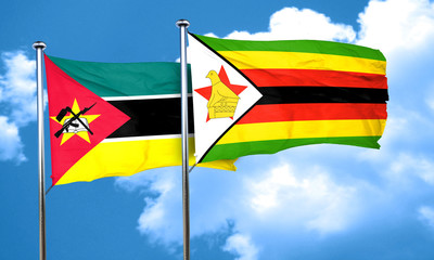 Mozambique flag with Zimbabwe flag, 3D rendering