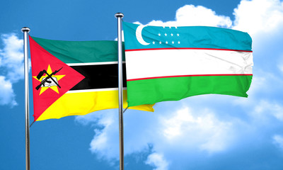 Mozambique flag with Uzbekistan flag, 3D rendering