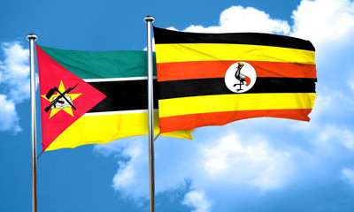 Mozambique flag with Uganda flag, 3D rendering