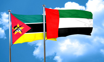 Mozambique flag with UAE flag, 3D rendering