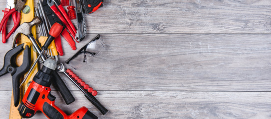 Construction hand tools flat lay