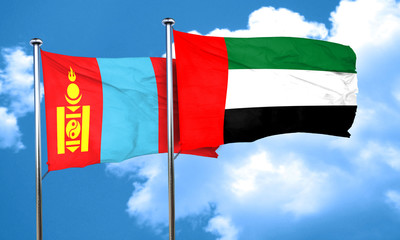 Mongolia flag with UAE flag, 3D rendering