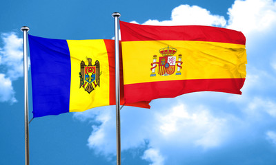 Moldova flag with Spain flag, 3D rendering