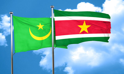 Mauritania flag with Suriname flag, 3D rendering