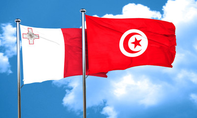 Malta flag with Tunisia flag, 3D rendering