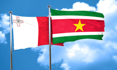 Malta flag with Suriname flag, 3D rendering