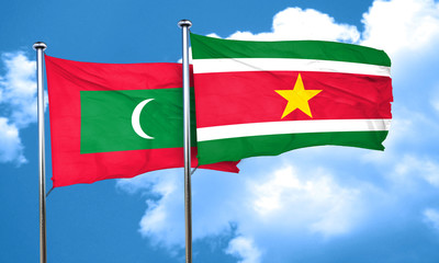 Maldives flag with Suriname flag, 3D rendering