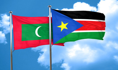 Maldives flag with South Sudan flag, 3D rendering