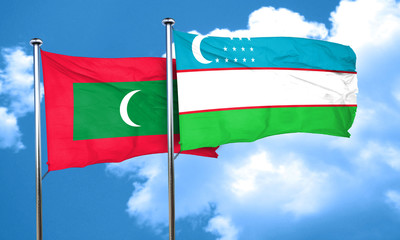 Maldives flag with Uzbekistan flag, 3D rendering