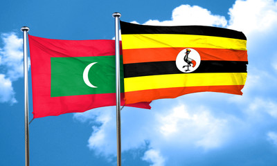 Maldives flag with Uganda flag, 3D rendering