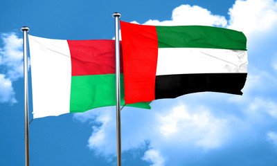 Madagascar flag with UAE flag, 3D rendering