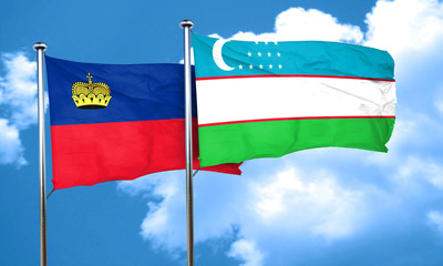 Liechtenstein flag with Uzbekistan flag, 3D rendering