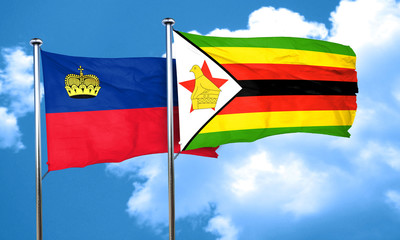 Liechtenstein flag with Zimbabwe flag, 3D rendering