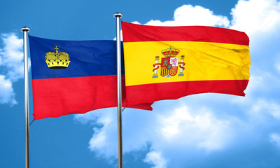 Liechtenstein flag with Spain flag, 3D rendering