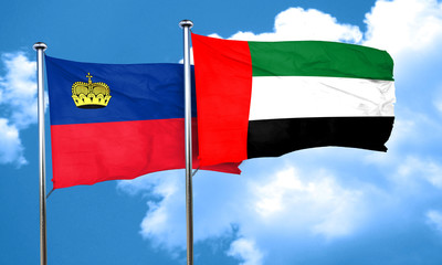 Liechtenstein flag with UAE flag, 3D rendering