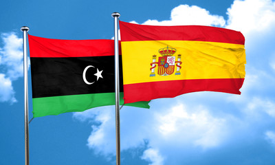 Libya flag with Spain flag, 3D rendering