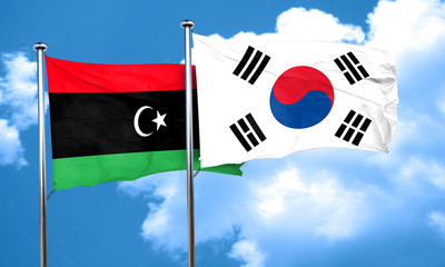 Libya flag with South Korea flag, 3D rendering
