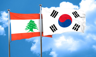 Lebanon flag with South Korea flag, 3D rendering