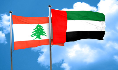 Lebanon flag with UAE flag, 3D rendering