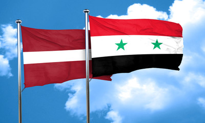 Latvia flag with Syria flag, 3D rendering