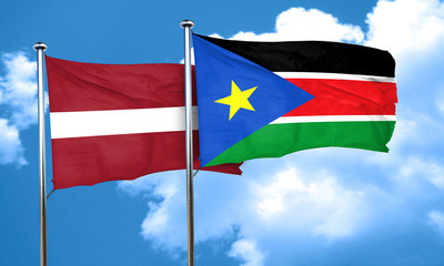 Latvia flag with South Sudan flag, 3D rendering